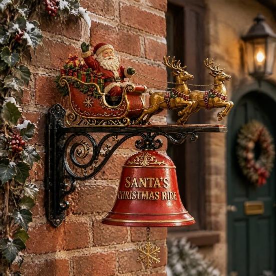 Festive Courtyard Balcony Accents Christmas Bell Wall Hanging Decoration, Santa Sleigh Reindeer Ornament, Large Decorative Indoor Mounted Ornaments