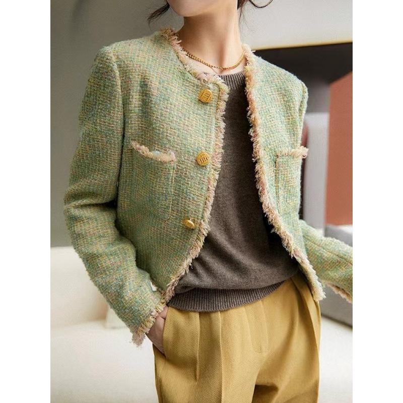 Korean Fashion Tweed Jackets Tops Women Casual O-neck Single Breasted Spring Fall Elegant Long Sleeve Manteau Blusas