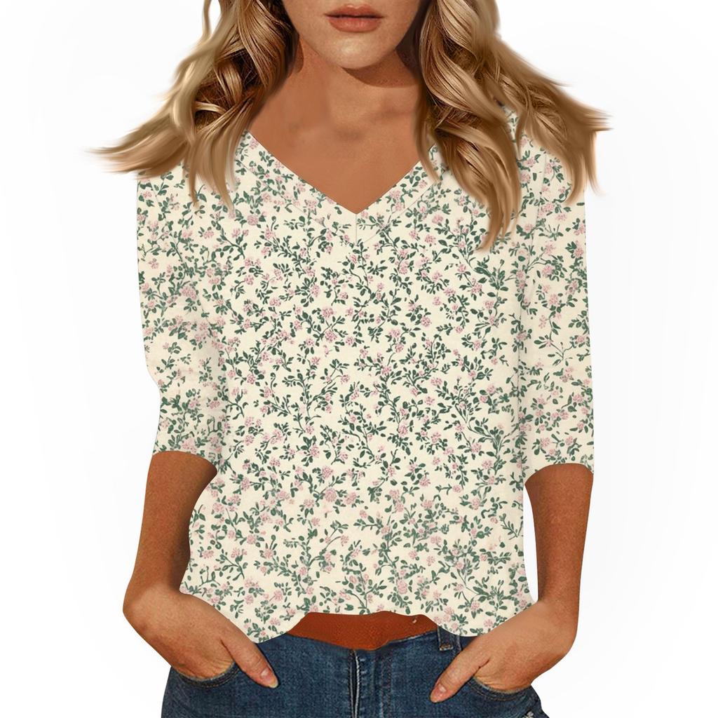 Women's Tops Three-quarter Sleeve Shirt V-neck Loose Casual Shirt Print T-shirt