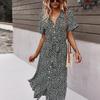 Frauen Blumendruck Langes Kleid Vintage Verband Einreiher V-ausschnitt Strandkleider Damen Boho Kurzarm Knopf Robe Vestidos