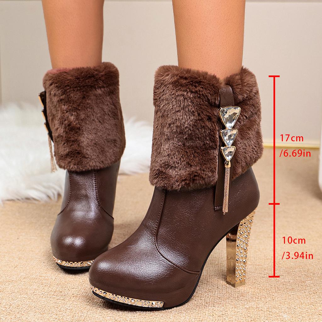 Bottes à talons hauts élégantes en cuir européen et américain avec strass pour femmes, avec talons épais et fermeture éclair latérale.