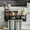 Sink Organizer with Towel Rail Double Compartment Storage Rack Removable Drain Tray Rust-Proof Iron Kitchen Caddy for Sponges Brushes Dishcloths