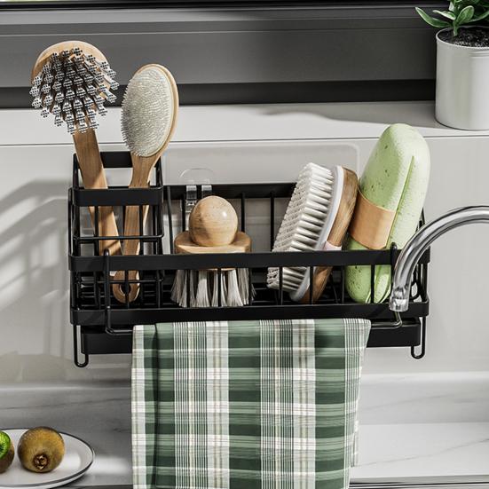 Sink Organizer with Towel Rail Double Compartment Storage Rack Removable Drain Tray Rust-Proof Iron Kitchen Caddy for Sponges Brushes Dishcloths