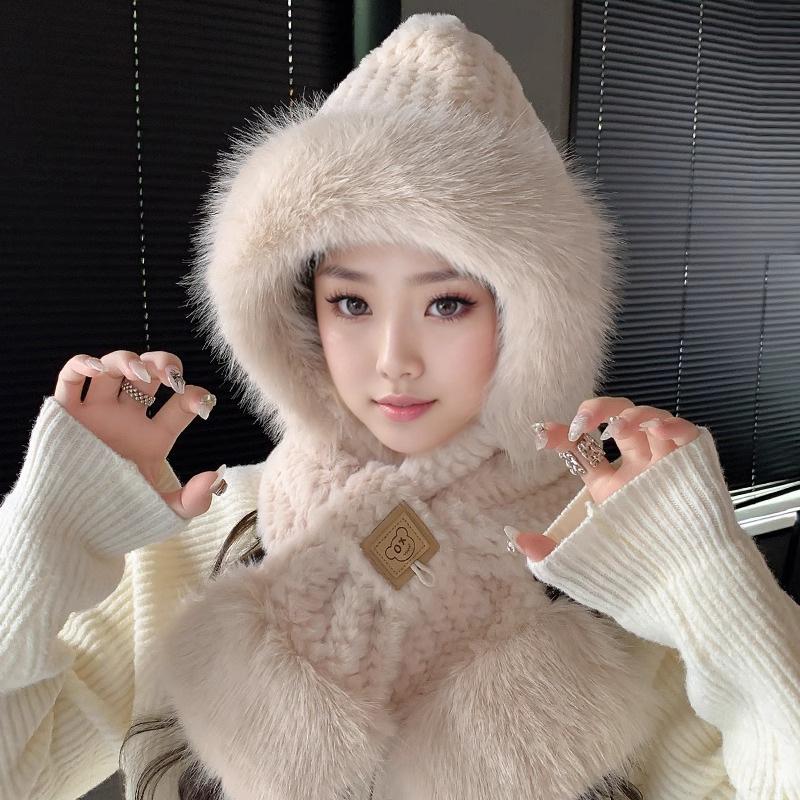 Cute Bear Hat Gloves Three In One Scarf Plush Hat for Women In Winter Riding Easy Outdoor High End Warm Hat