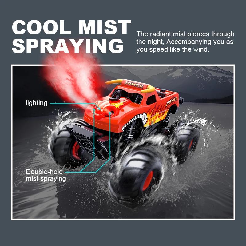 Amphibious RC Monster Truck, 2.4GHz Off-road Car with Mist Spray, 360° Rotation, Waterproof, 1 Click Stand Up for Kids