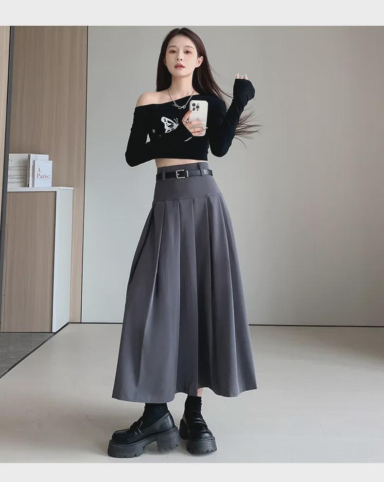 Autumn Women's Belted A-Line Pleated Skirt - New Slim Fit, Hip-Covering, Draped Style