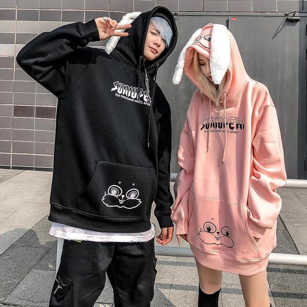 Casal Hoodies Animal Impresso Kawaii Coelho Moletom Com Capuz Tops Bonito Coelho Gráfico Outerwear