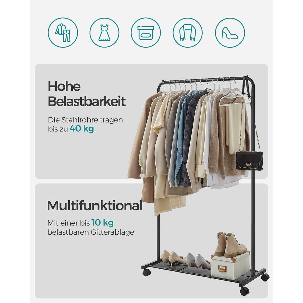 SONGMICS Clothes Rack on Wheels, Single-Rail Metal Garment Rack, with Storage Shelf, Top Rail Holds up to 40 kg, Black