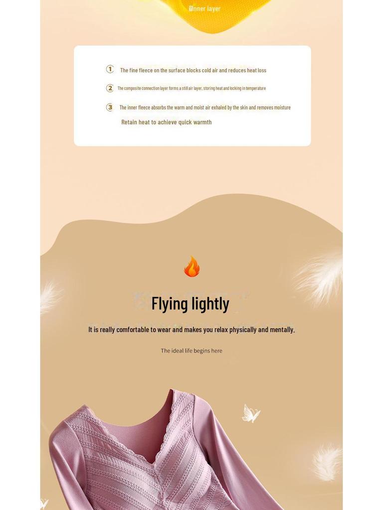 Qinyang Deutscher Samt Nahtloses Thermounterhemd mit V-Ausschnitt und Spitze mit Brustpolster für Damen - Langarm, Herbst/Winter.