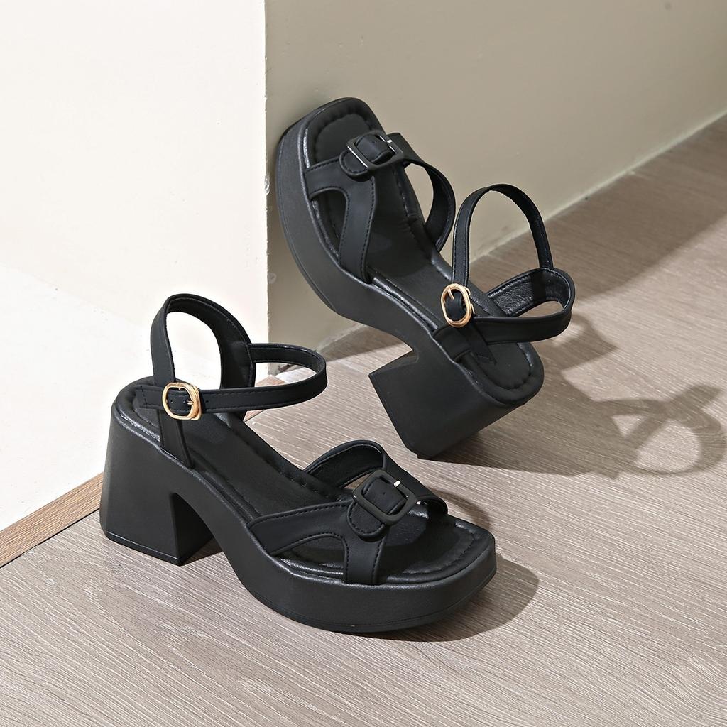 Summer New Thick-soled Thick-heeled Buckle Belt Buckle One-word Buckle Belt Women's Shoes Sandals Women's European and American Large-size Women's