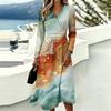 Women's Casual Print Long Sleeve V-Neck Dress with Pocket