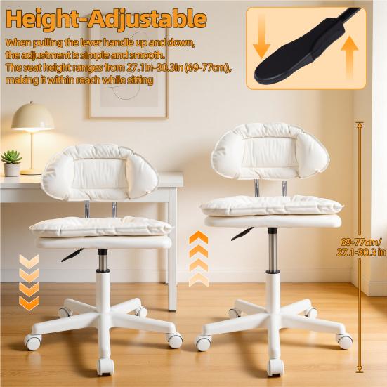 360 Degree Swivel Rolling Chair Office Desk with Wheels, Armless Faux Leather Vanity Drafting Back, Height Adjustable Computer Task for Home