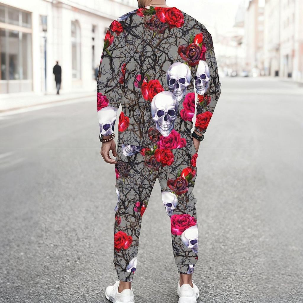 Men Contrast Panel Rose And Skull Art Print Long Sleeve Sweatshirt Jogger Pants Two Piece Suit