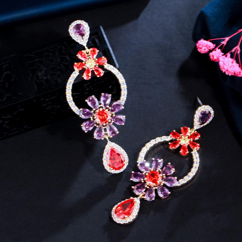 CMM Party Jewelry Golden Color Cubic Zirconia Flower Drop Earrings