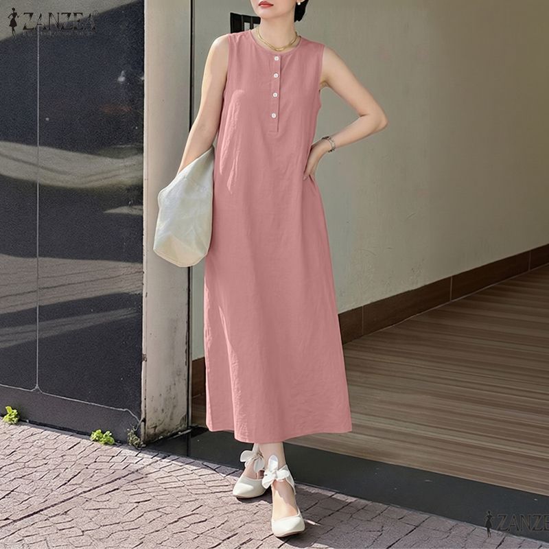 ZANZEA Lässiges, ärmelloses Kleid mit Rundhalsausschnitt und einfarbigem Muster für Damen