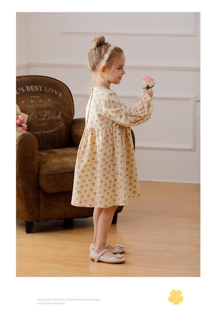 Spring 2026 Korean Forest-Style Floral Print Dress with Pleated Stand Collar, Puff Long Sleeves, and Lace Accents for Girls