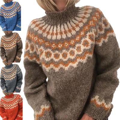 Women Casual Pullover Loose Printed Loose Long-Sleeve High Neck  Blouse Sweater