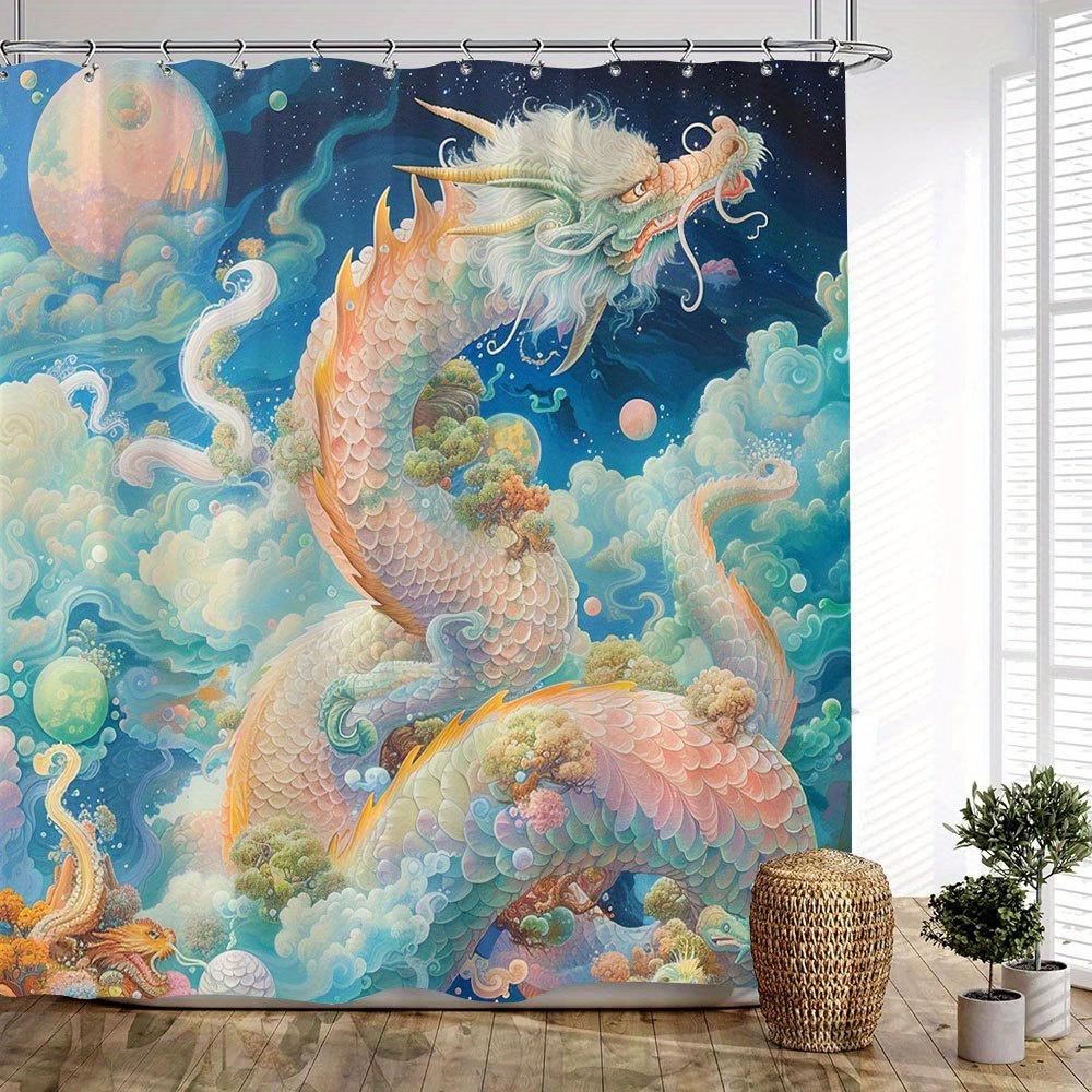 1Pc Cosmic Dragon Bath Curtain - Vibrant Fantasy Art Design With Pink, Green & Golden Scales, Starry Night Sky & Celestial Eleme