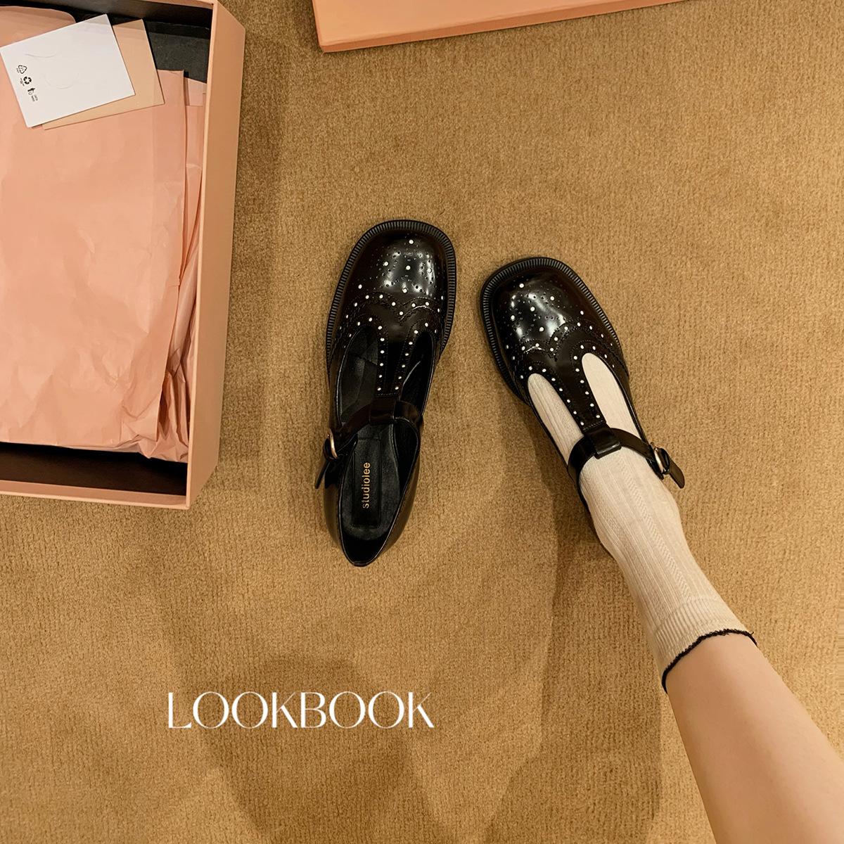 

Cowhide version~ Grape mother same Brock engraved Mary Jane shoes T-band British style small leather shoes women s loafers 40 коричневый