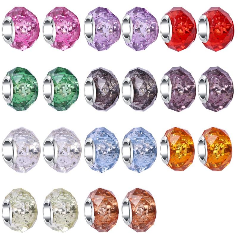 Acrylic Large Hole Beads With Blue Faceted Cut Silver-Plated Brass Core Resin Craft Charms DIY Jewelry Making