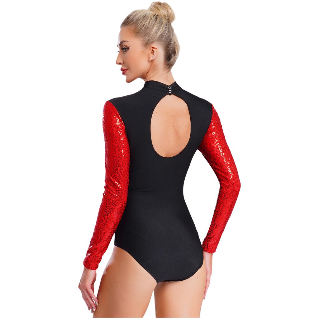 Glänzender Pailletten-Gymnastik-Leotard für Damen, Kontrastfarbe, Langarm, Rücken Ausgeschnitten, Einteiliger Body, Eiskunstlauf-Bekleidung