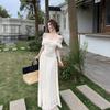 INSODIT Gentle Wind White Long Dress Summer Shoulder Off-Shoulder Waist Skinny Temperament Dating Holiday Long Dress