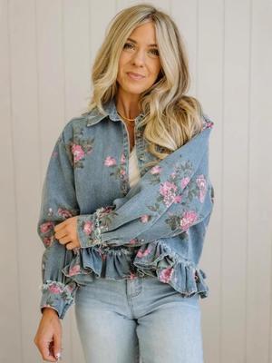 Retro Gewaschener Denim Floral Print Locker Langarm Damenhemd
