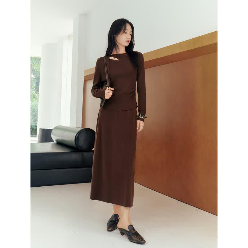 JZ.AnnaCo Gentle Flowing Collar Wool Knit Top & Skirt Set