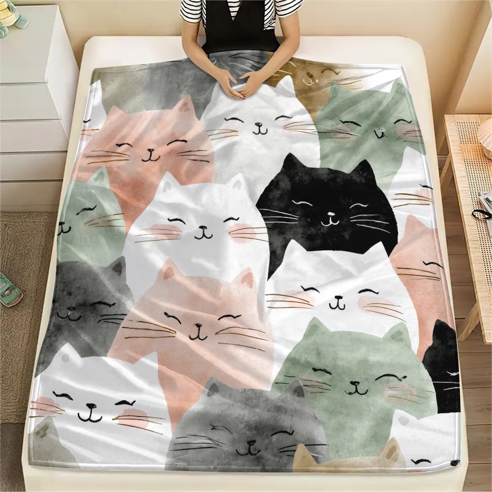 Cat Heads  Print Flannel Blanket, High Quality Comfortable for All Seasons, Home Decor, Warmth and Comfort