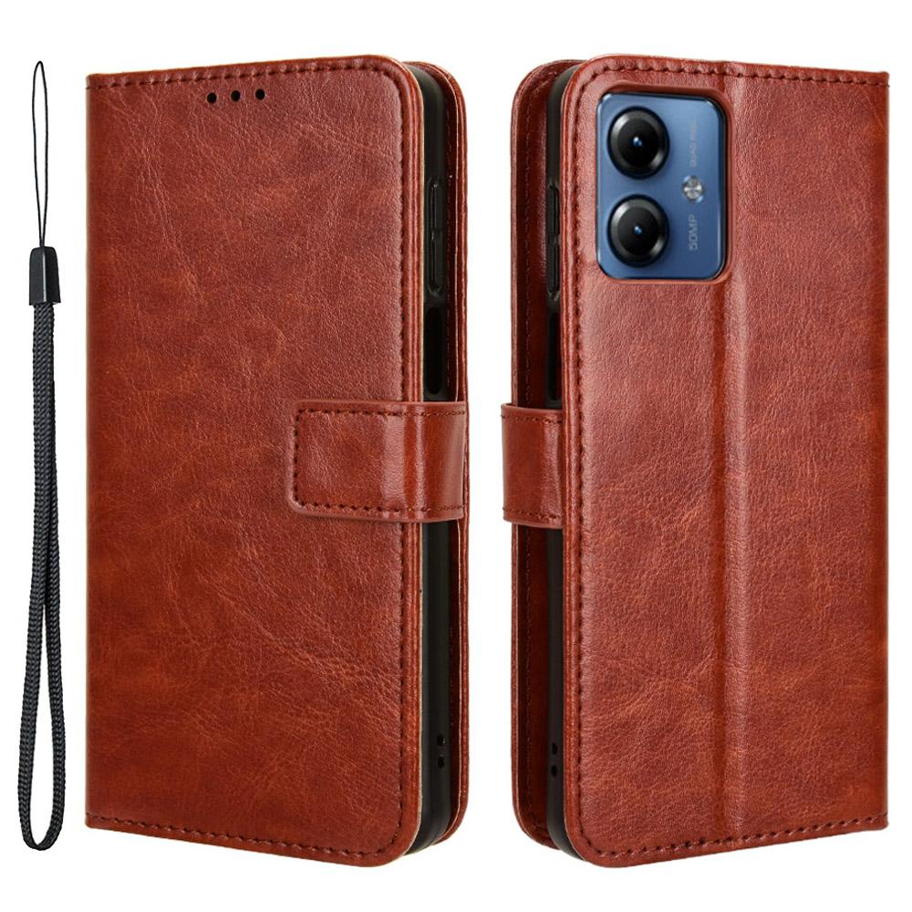 

For Motorola Moto G14 4G PU Leather Case Phone Cover Crazy Horse Texture Wallet Stand Brown