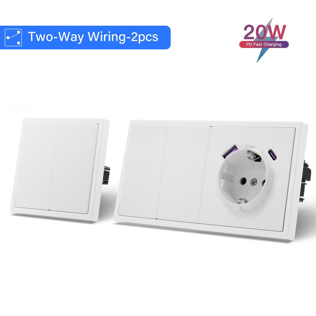 BSEED 1/2Gang Wall Light Switches 2Way Control For Stairs Bedroom With EU Standard Power Socket USB Type-c Plastic Frames 2Pack