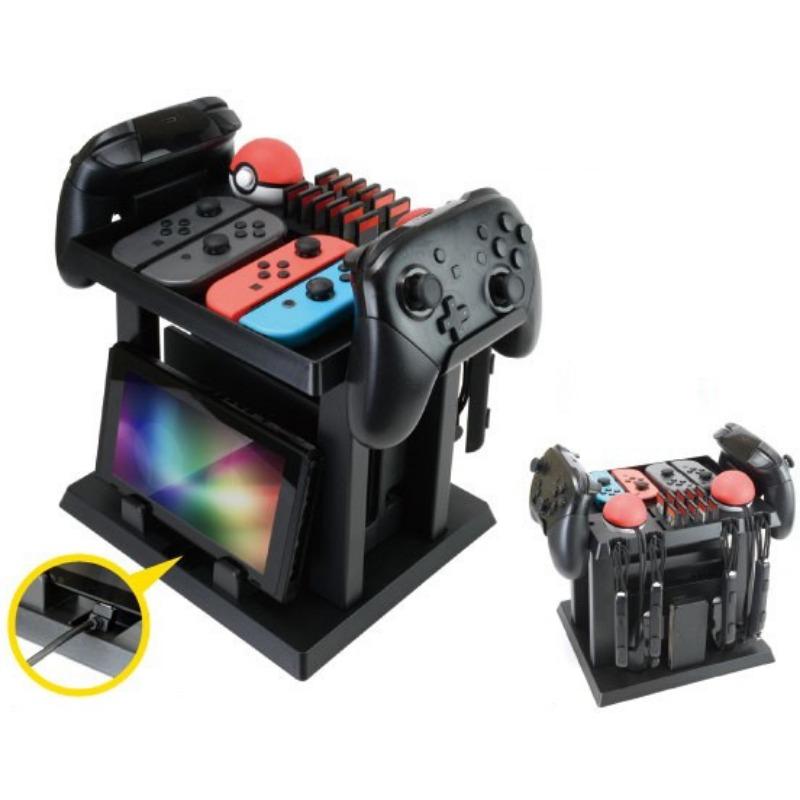 Multifunktionaler Aufbewahrungsständer, Switch Tower Halterung Dock Joy-Con Griff 2 Pro Controller 2 Joy-Con-Handgelenkschlaufen 4 Joy-Cons 12 Spielkarten und 2 Pokébälle