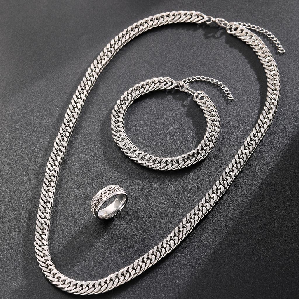 Trendy Stainless Steel Cuban Chain Bracelet Necklace Ring Set For Men Women Minimalist Silver Color Hip Hop Party Jewelry Sets