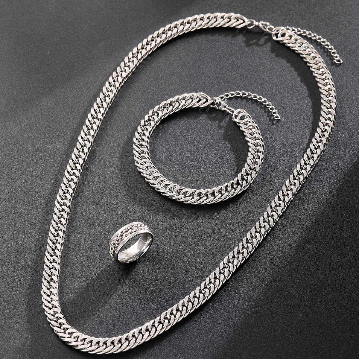

Trendy Stainless Steel Cuban Chain Bracelet Necklace Ring Set For Men Women Minimalist Silver Color Hip Hop Party Jewelry Sets