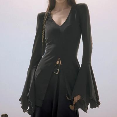 Goth Dark Fairy Grunge Tričká s rozšírenými rukávmi a výstrihom do V Gotické Rozparkové Sexy Lem Hlávkový šalát Dámske Blúzky Y2k Čierne Slim Módne Alt Topy