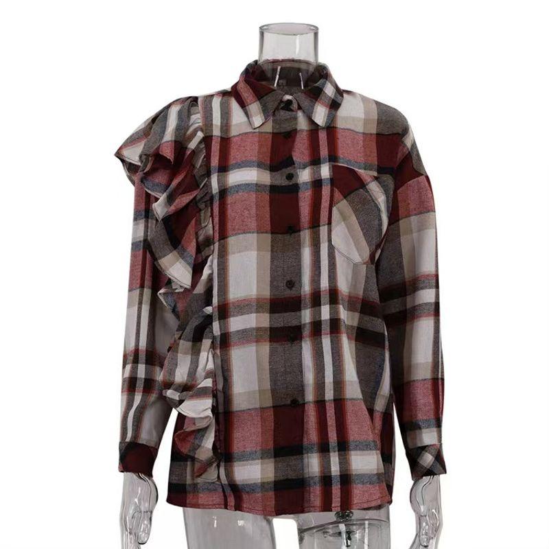 

Fashion Style Fashion All-Match Long Sleeves Gingham Shirt Loose Casual Shirt Loose Checked Shirt Red L