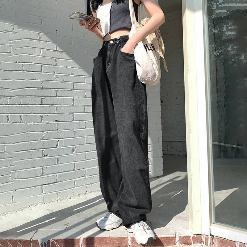 

Women s Black-Gray Adjustable High-Waist Wide-Leg Denim Pants - Petite Spring Straight-Fit, Floor-Length