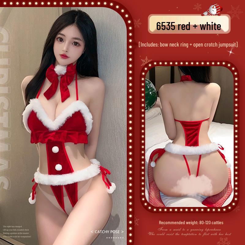 Passionate Schoolgirl Christmas Lingerie Bodysuit with Open Crotch