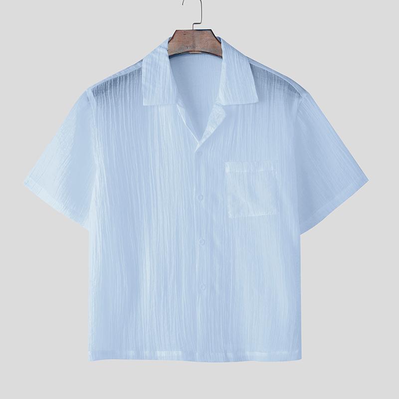 

INCERUN Men Summer Lapel Neck Semi-Sheer Solid Color Texture Casual Shirts S синий