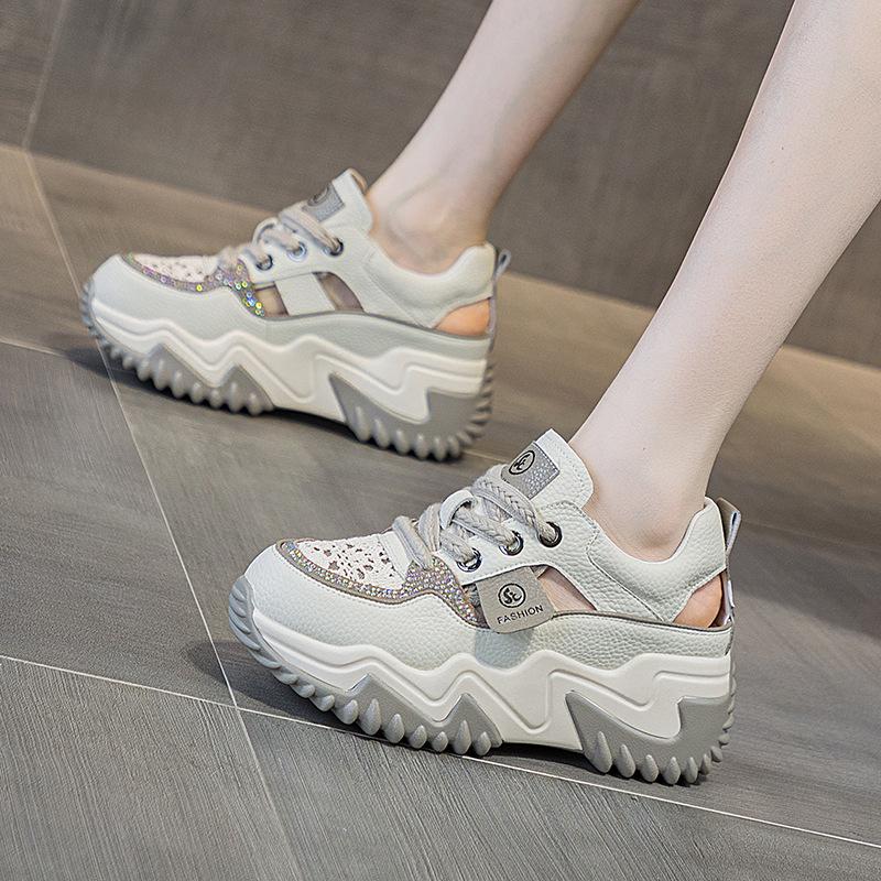 Women's Retro Thick Sole Rhinestone Leather Sandals - Summer 2025 Collection