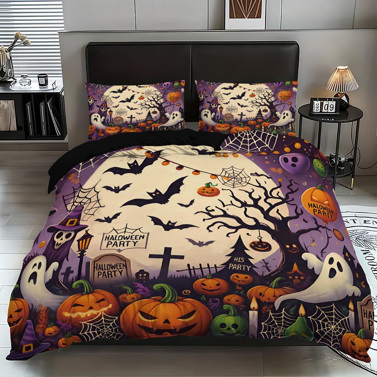 

3-piece Halloween themed ghost, bat, and pumpkin patterned duvet cover set, 1 duvet cover+2 pillowcases, coreless 135x200cm-EU-Single&set