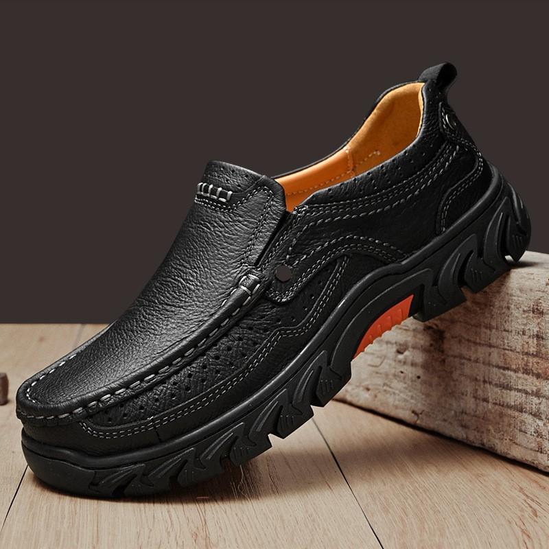 Mens Wide Fit Thick Sole Outdoor Casual Leather Shoes Non-Slip Wear-Resistant Hiking Toe Design