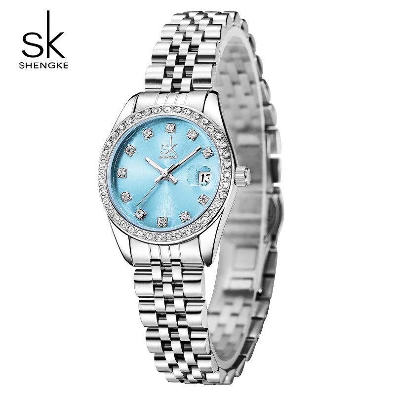 Montre-bracelet à quartz pour femme SK avec zircone, bracelet en acier et calendrier - En stock, Expédition rapide, Sensation de niche haut de gamme