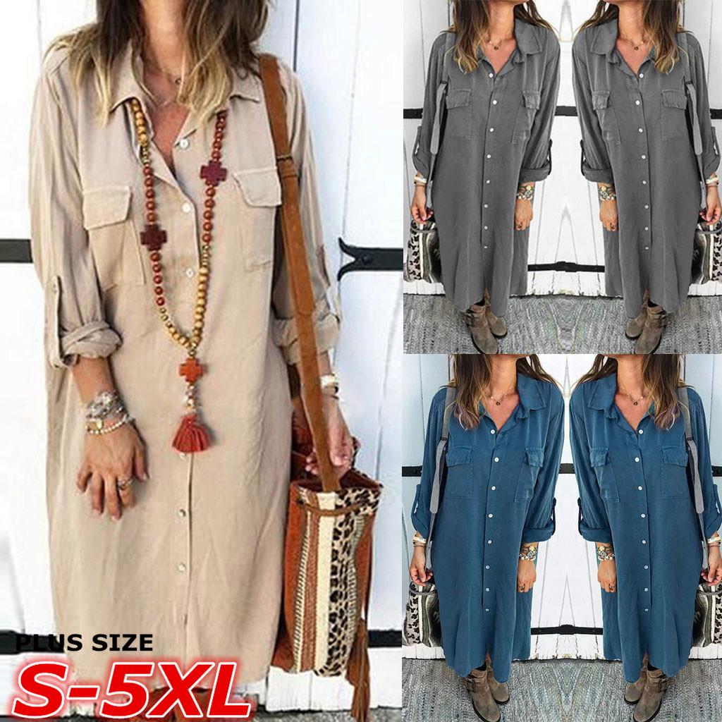

Плюс размер женщин ы мода кнопки твердый цвет Длинные рукава Рубашка Карманное платье