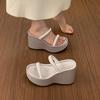 French fairy style thick-soled heightened one-word slippers for women's summer wear 2025 new simple satin thick-heeled sandals