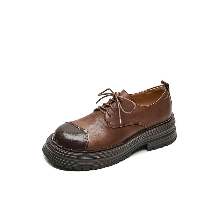 

Мода НОВЫЕ Весенне-осенние Женские Туфли Туфли из Натуральной Кожи для Женщин Круглый Носок Массивный Каблук Повседневные Шнуровка Платформа Женские Туфли-лодочки 40 коричневый