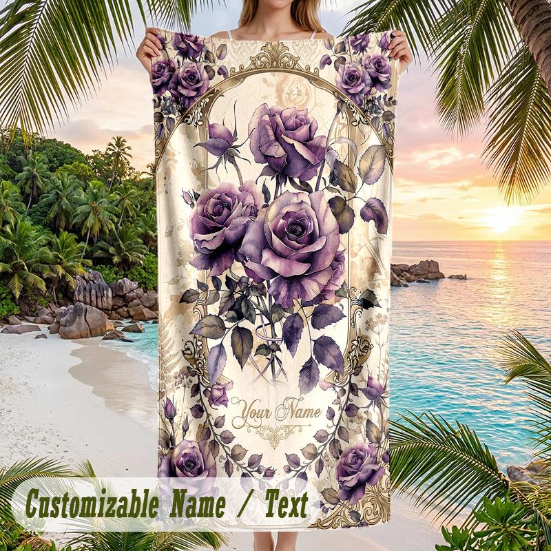 Purple Leopard Fashion Theme Quick Dry Beach Towel Custom Name Text Print Large Sand Resistant Towel Beach Vacation