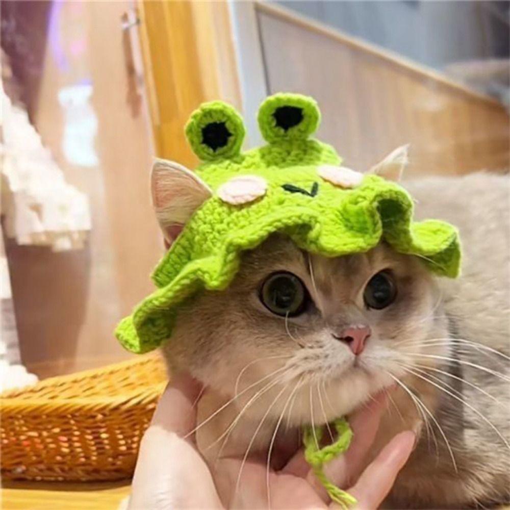 2023 Cartoon Handmade Warm Elastic Pet Cap Frog Hat for Party Photo Props Cat Hat