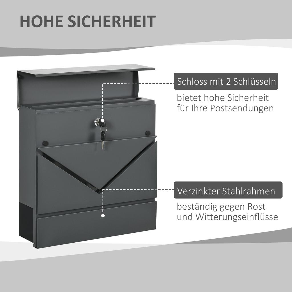 Mailbox with Lid, 2 Lower Drainage Holes, Steel, with Lock, Grey