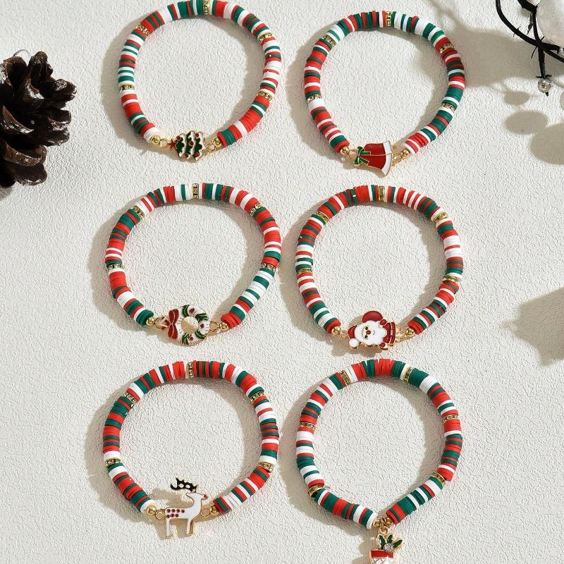 6pcs/Set Reindeer, Santa Claus, Christmas Tree Soft Ceramic Decorative Bracelet, Christmas Gift